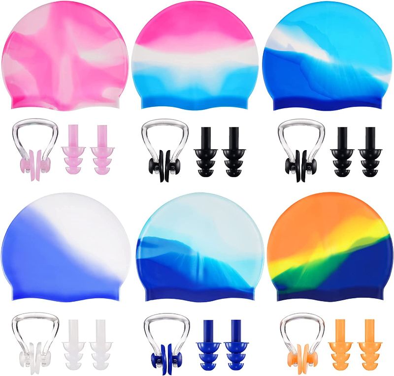 Photo 1 of 6 Sets Adult Silicone Swim Cap Waterproof Swimming Hat with Silicone Nose Clip and Earplugs Comfortable Non Slip Swimming Pool Cap Elastic Swimming Cap for Women Man Short Hair Long Hair
