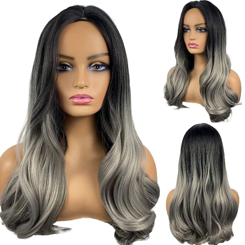 Photo 1 of Long Gray Wig for Women Omber Grey Wig Middle Part Wavy Wigs Natural Looking Synthetic Hair Wigs for Daily Party Use (24 inch)
