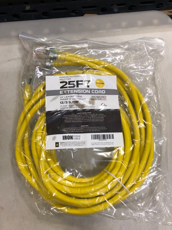 Photo 2 of 25 Ft Weatherproof 1 to 3 Outdoor Extension Cord Splitter - 12/3 SJTW [31 Ft Total Length] Heavy Duty Lighted End Yellow Power Cord Splitter with 3 Prong - Multi Outlet Christmas Light Decorations 25 Foot Splitter