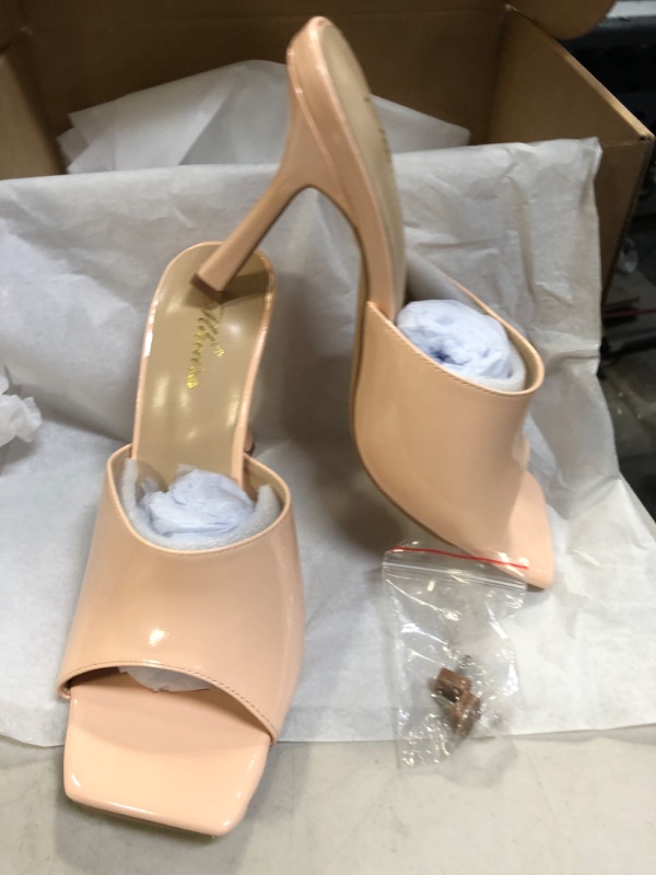 Photo 2 of 8---Mhuire Women Square Toe Heeled Sandals,4 inch Stiletto Mules Open Toe Slip On Backless Fashion Dress High Heels Slippers Slides Shoes 8 Nude Patent