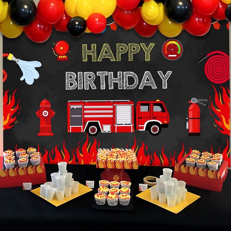 Photo 1 of 25 PCS Fireman Birthday Party Decorations Fireman Party Backdrop Firetruck Birthday Balloons Firefighter Birthday Party Decoration Fire Department Party Decoration for Birthday