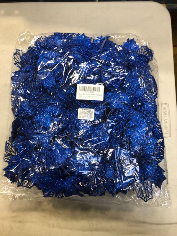 Photo 1 of 24 Pcs Christmas Blue Glittered Mesh Holly Leaf Artificial Poinsettia Flowers Picks Tree Ornaments 5.9" W for Blue Christmas Tree Wreath Garland Floral Gift Wedding Holiday Winter Decoration