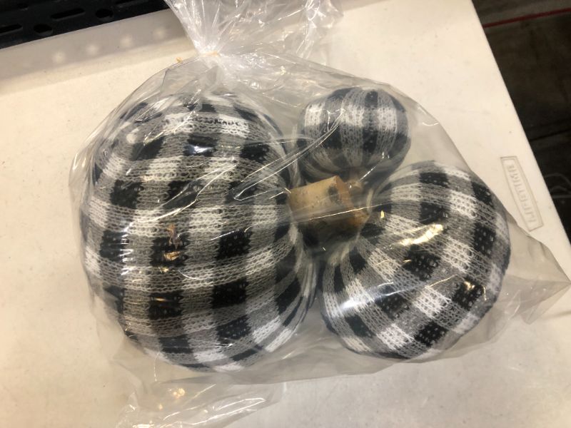 Photo 1 of 3 Pcs Assorted Crochet Pumpkins Plaid Pumpkins Gingham Buffalo Check Knit Pumpkins Fall Thanksgiving Halloween Seasonal Holiday Farmhouse Tabletop Decoration Black and White