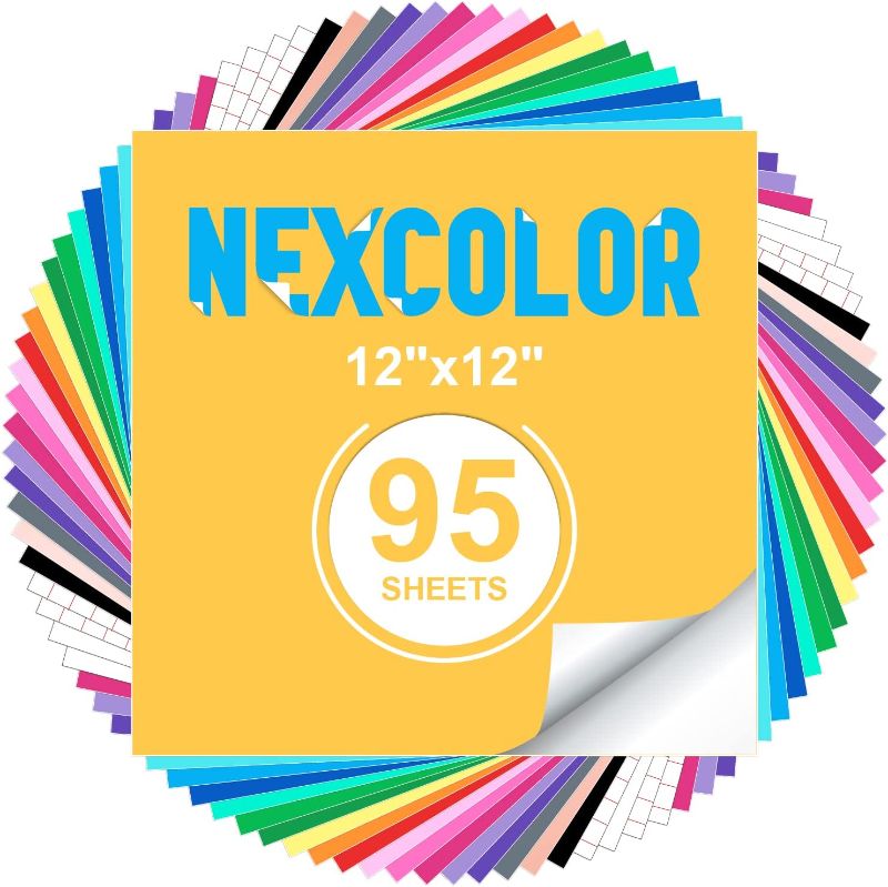 Photo 1 of NEXCOLOR 95 Pack Permanent Self Adhesive Vinyl Sheets, 85 Vinyl Sheets & 10 Transfer Tapes, 12"x12", 43 Colors Vinyl Bundle for Cricut, Silhouette, Craft Cutters, Party Decor, Sticker, Car Decal
