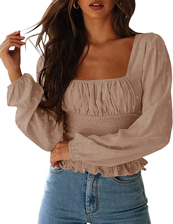 Photo 1 of CNJFJ Women's Sexy Frill Smock Crop Top Retro Square Neck Long Sleeve Shirred Blouse Tops Khaki Small