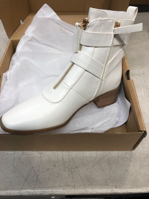 Photo 2 of [SIZE 9.5] Coutgo Women’s Closed Pointed Toe Ankle Booties Side Zipper Strappy Buckle Low Chunky Heel Winter Warm Boots with Tassel White 9.5
