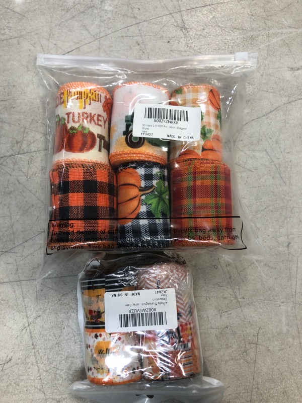 Photo 1 of 10 Rolls 50 Yards Fall Wired Ribbons Thanksgiving Autumn Pumpkin Ribbon Buffalo Plaid Ribbon Orange Pumpkin Print Ribbon for Wrapping, Thanksgiving, Autumn, Home, Farm Decoration
