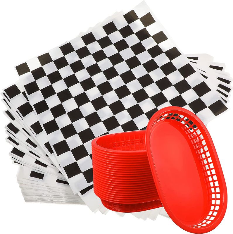 Photo 1 of 24 Pcs Plastic Fast Food Serving Basket and 400 Pcs Checkered Deli Paper Liner 12 x 12 Inch, Retro Bread Basket Fry Oval Serving Tray for Restaurant Supplies Easy Cleanup (Red, Black-White)
