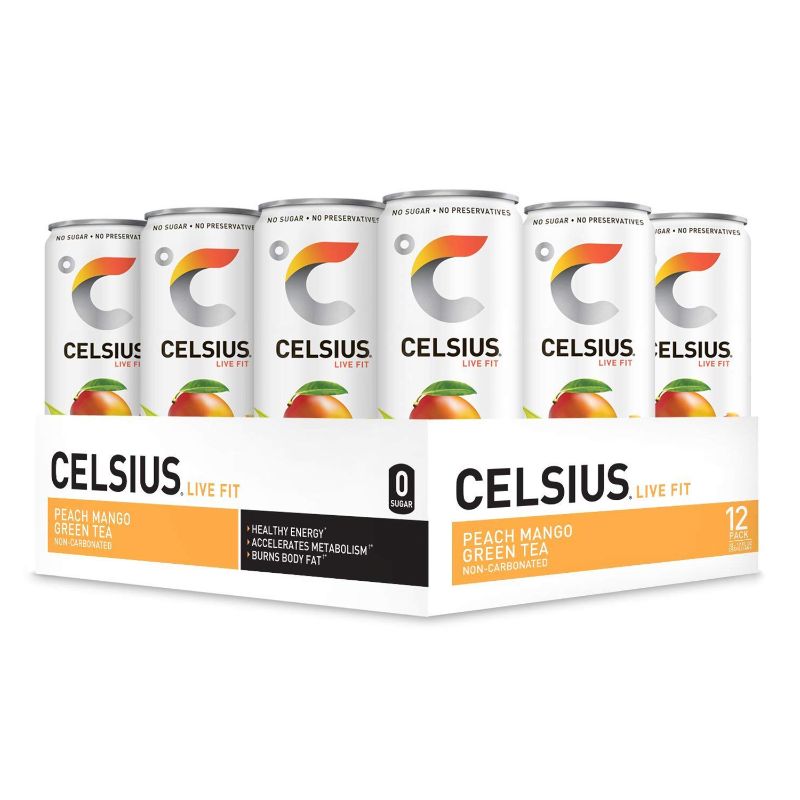 Photo 1 of Celsius Energy Drink Non-Carbonated Peach Mango Green Tea 12 Fl Oz Each / Pack of 12 EXP : 02/24
