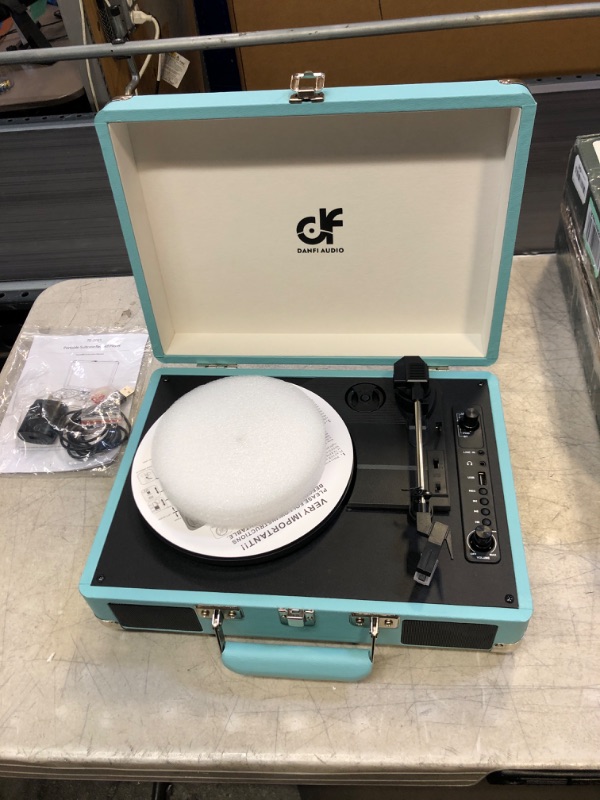 Photo 4 of Bluetooth Portable Suitcase Record Player Vintage 3 Speed Belt-Driven USB Turntable with Stereo Speakers, Vinyl to MP3 Recording, RCA Line Out, AUX in & Headphone Jack, Teal