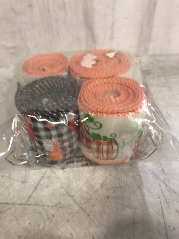 Photo 2 of 24 Yards 2.5 Inch Fall Wired Ribbon Autumn Pumpkins Ribbon Buffalo Plaid Ribbon Turkey Print Ribbon for Wrapping, Thanksgiving, Autumn, Home, Farm Decoration