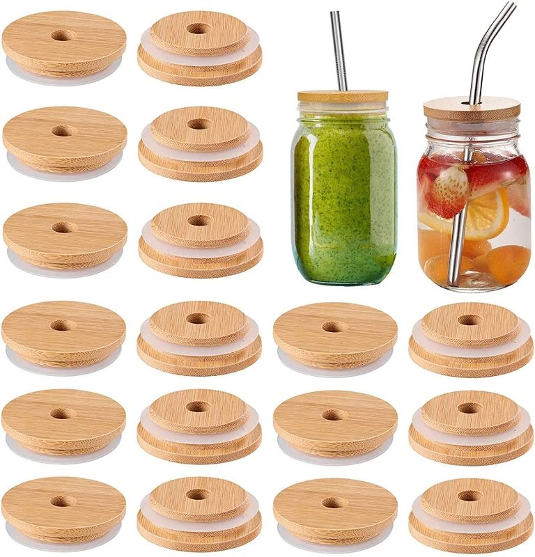 Photo 1 of 18pcs Bamboo Jar Lids with Straw Hole, Reusable Bamboo Mason Jar Lids - Bamboo Lid for Wide Mouth Mason Jar 86MM
