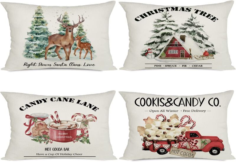 Photo 1 of [2 COUNT] Artmag 12x20 Set of 4 Christmas Pillow Covers,Christmas Decorations Deer Cookis Candy Cane Lane Christmas Tree Outdoor Pillow Covers Cases Slipcovers for Couch Sofa