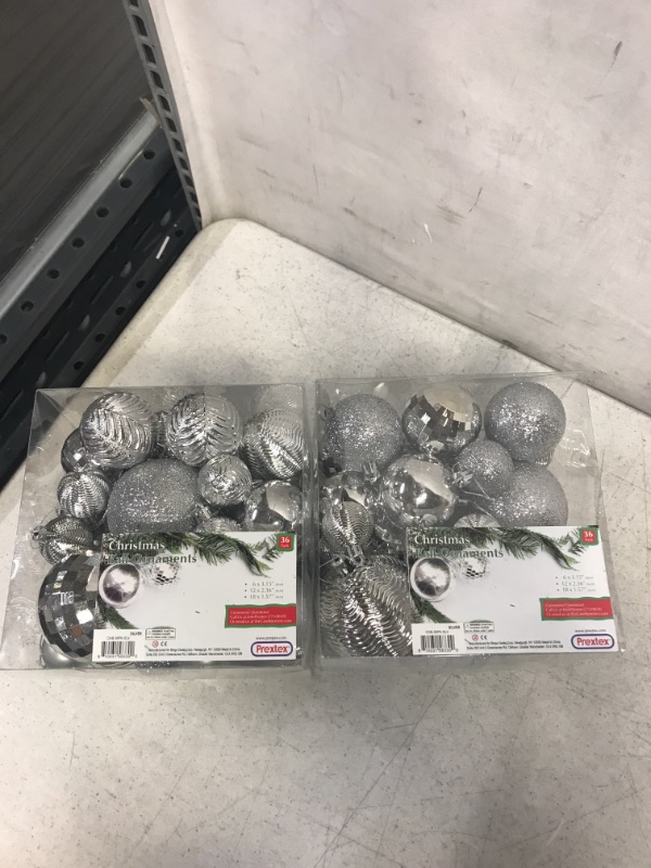 Photo 2 of [2 COUNT] Prextex Christmas Tree Ornaments - Silver Christmas Ball Ornaments Set for Christmas, Holiday, Wreath & Party Decorations (36 pcs - Small, Medium, Large) Shatterproof