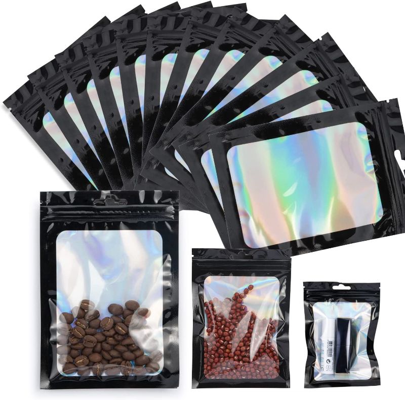 Photo 1 of 300 Pack 3 Sizes Smell Proof Resealable Bags,Holographic Bags for Lip Gloss,Holographic Mylar Bags Edible Packaging Pouch Bags (Black 300)