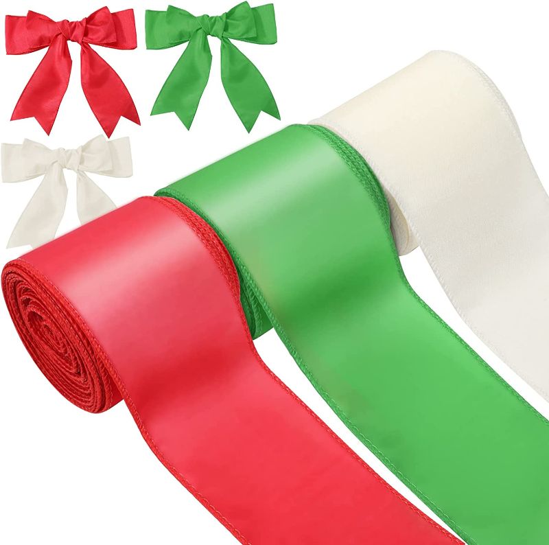 Photo 1 of 3 Rolls 30 Yards Christmas Polyester Satin Ribbon 2.5 Inches Double Face Wide Wired Satin Ribbon for Christmas Gift Wrapping Crafts Christmas Tree Ribbon Decorations Red Green and White