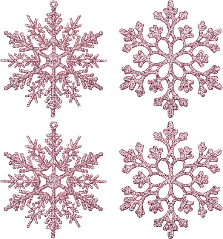 Photo 1 of [2 COUNT] 80 Pieces Christmas Glitter Snowflake Ornaments Plastic Hanging Snow Flakes Ornaments Winter 4 Inch Fake Snow Flakes with 20 Ropes for Christmas Tree Party Home Decor (Rose Gold)
