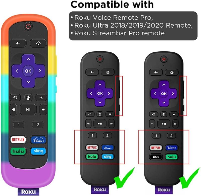Photo 2 of [2 COUNYT] 2 Pack Case for Roku Voice Remote Pro,Cover Roku Ultra 2020/2019/2018 Remote Control Silicone Protective Controller Back Sleeve Holder Replacement Skin Battery New Protector-Glow Blue,Rainbow