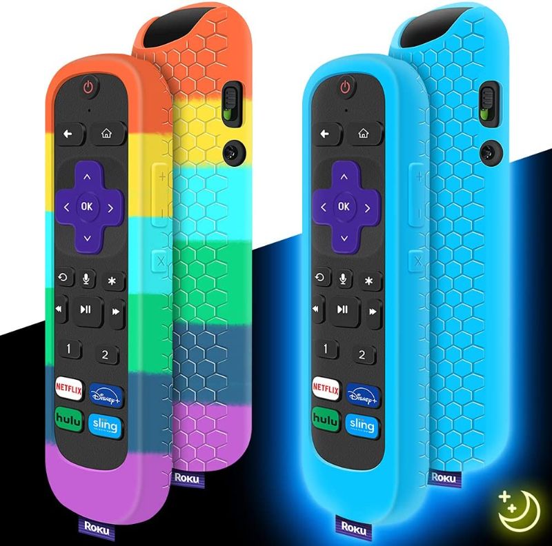 Photo 1 of [2 COUNYT] 2 Pack Case for Roku Voice Remote Pro,Cover Roku Ultra 2020/2019/2018 Remote Control Silicone Protective Controller Back Sleeve Holder Replacement Skin Battery New Protector-Glow Blue,Rainbow