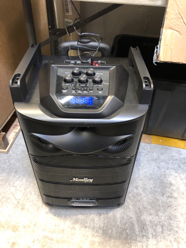 Photo 3 of Moukey Karaoke Machine, PA System Subwoofer, Portable Bluetooth Speaker w/ 2 Wireless Microphones, Lyrics Display Holder, Party Lights & Echo/Treble/Bass Adjustment, Support TWS/REC/AUX/MP3/USB/TF/FM 10" Subwoofer
