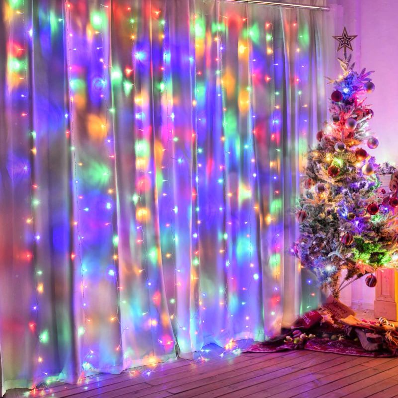 Photo 1 of 300 LED Christmas Curtain String Lights for Wedding Party Home Garden Bedroom Outdoor Indoor Wall Decorations (Multi-Colored) Multicolor (2 Curtains)