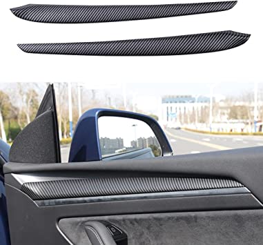 Photo 1 of 2Pcs ABS Matte Carbon Fiber Inner Front Door Panel Armrest Cover Protector Interior Accessories Compatible with Latest 2021 2022 Tesla Model 3