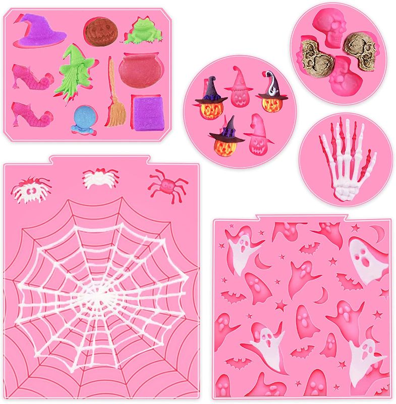 Photo 1 of 6 Pack Halloween Molds Mini Halloween Fondant Molds Pink Polymer Clay Molds, Non-stick Silicone Molds for Cake Decorating - Skull Pumpkin Spider Ghost Cobweb Skeleton Hands Witch

