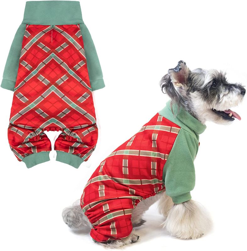Photo 1 of  Winter Dog Pajamas Pjs Onesie Outfit, Plaid Stretch Fleece Dog Clothes, Dog Coat for Puppy Doggie Cats Boys Girls Apparel Indoor Outdoor SIZE MEDIUM
