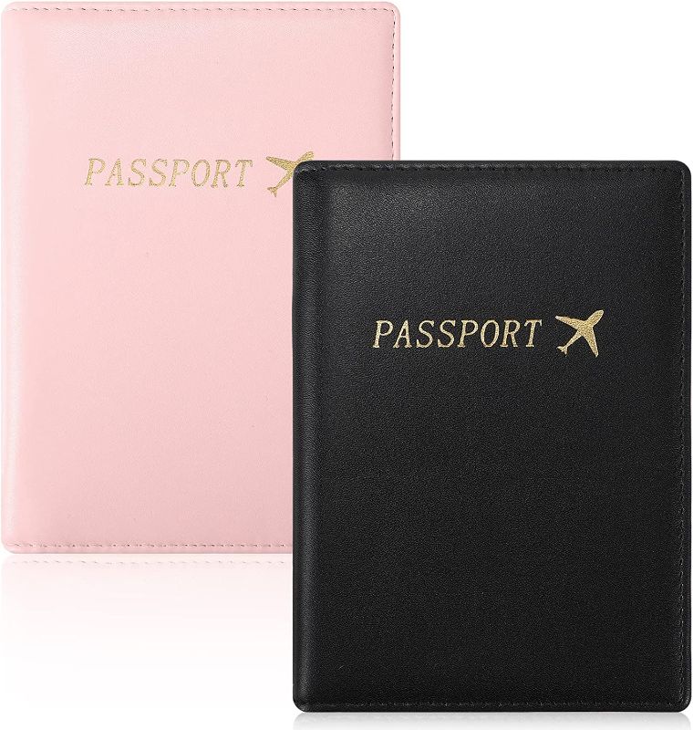 Photo 1 of 2 Pcs Passport Holder Card Holder Combo Passport Wallet PU Leather Passport Cover Case Travel Document Organizer Protector, Black and Pink 4.13 x 5.79 inches
