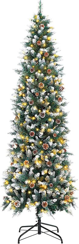 Photo 1 of 7.5FT Prelit Pencil Christmas Tree, Artificial Skinny Christmas Tree, 340 Warm White LED Lights and 950 Bendable Branches with Snow Flocked Pine Cone Decorations Indoor Fake Xmas Tree Holiday Decor
