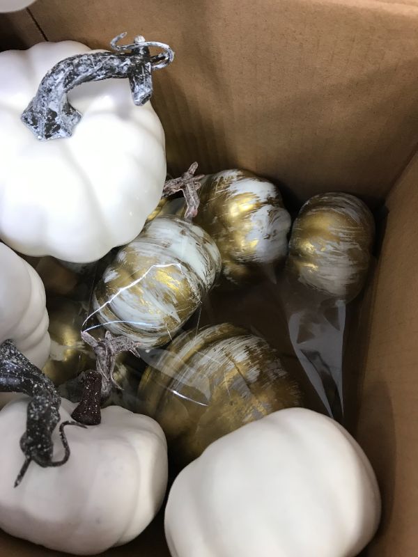 Photo 4 of 12Pcs Mixed Artificial Pumpkins, White and Gold Fake Pumpkins Decorations
