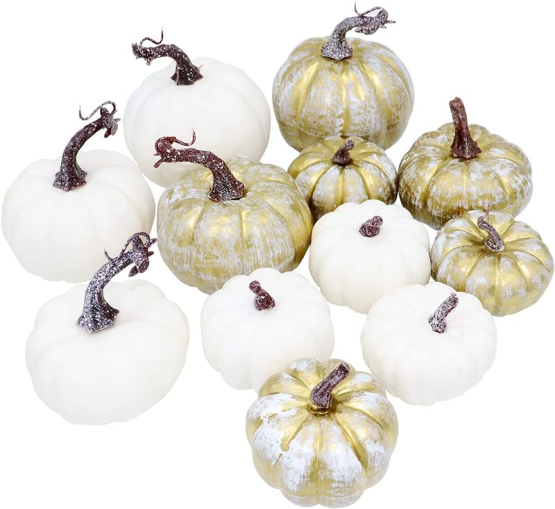 Photo 1 of 12Pcs Mixed Artificial Pumpkins, White and Gold Fake Pumpkins Decorations
