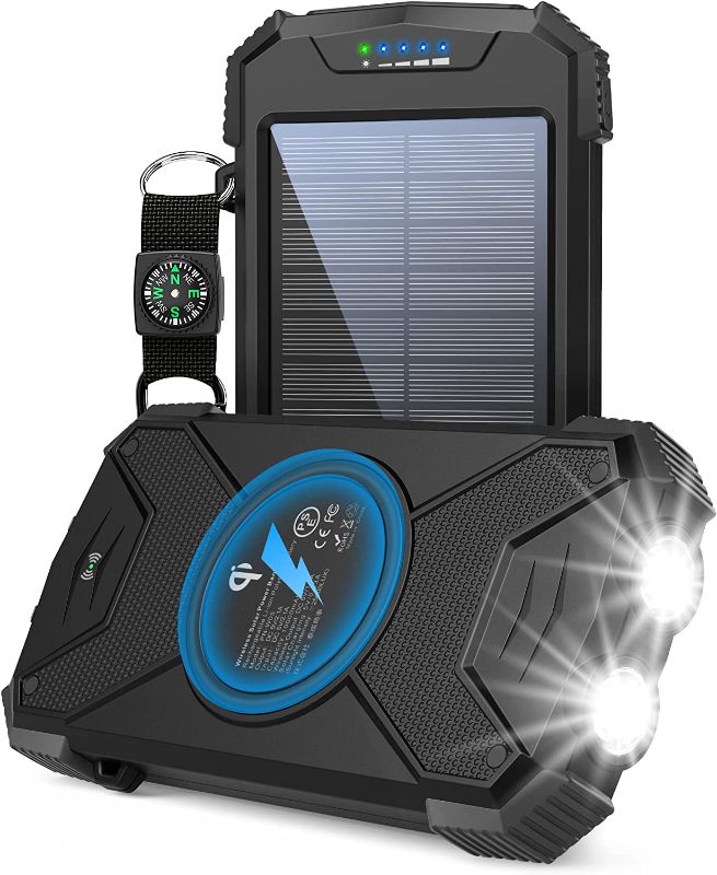 Photo 1 of BLAVOR Solar Power Bank, Qi Wireless Charger 10,000mAh External Battery Pack Solar Charger Type C Input Output Dual Super Bright Flashlight, Compass Carabiner, Solar Panel Charging (Black)
