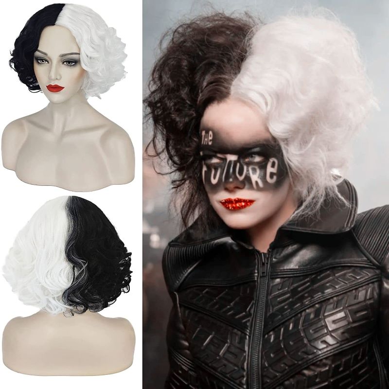 Photo 1 of  Cruella Deville Wig for Women Short Curly Black and White Wig for Cruella Cosplay SL006BW
