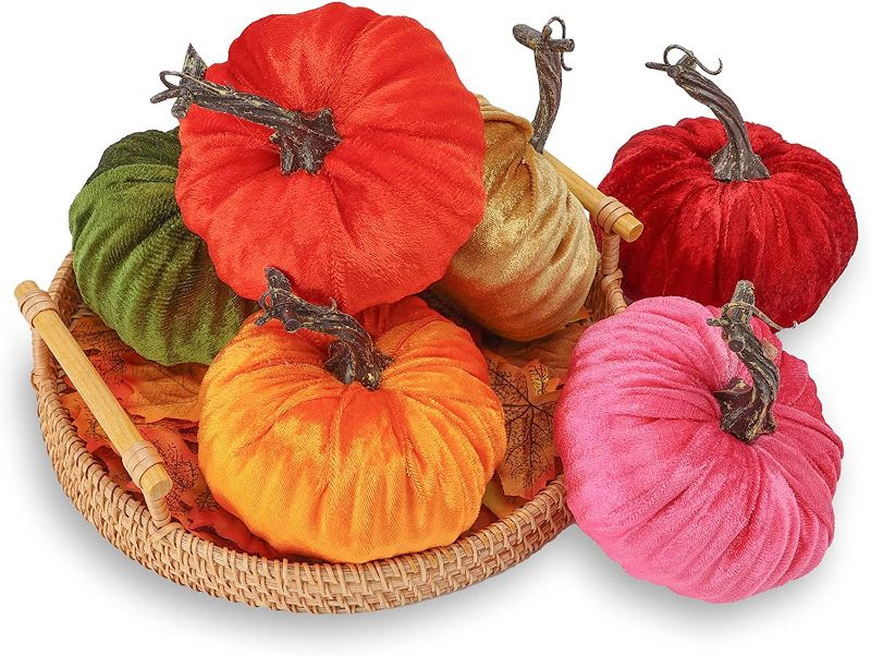 Photo 1 of  6PCS Fall Pumpkin Decor, Artificial Velvet Pumpkins
