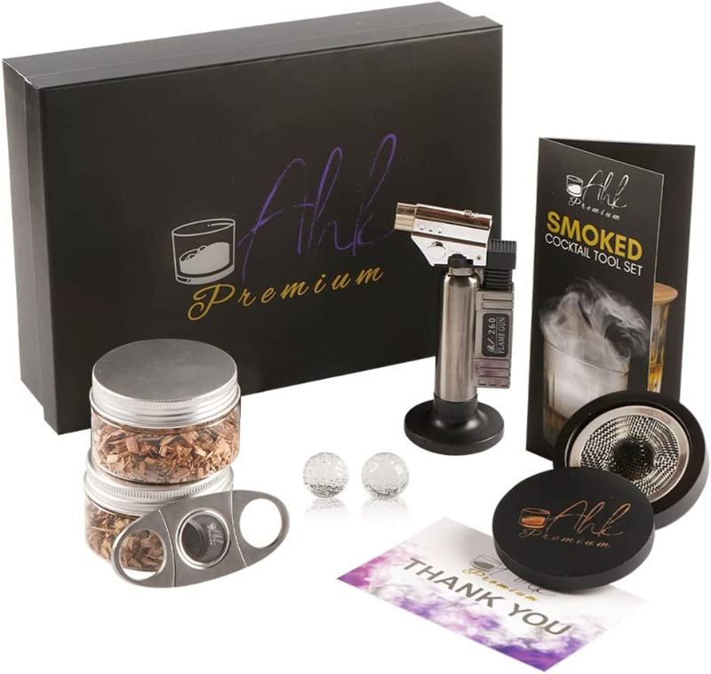 Photo 1 of  Premium Cocktail Smoker Kit - Wood Chips, Torch, Whisky Smoker, Cutter, Crystal Ice Cubes Hand Crafted Bartender Infuser for Smoking Whisky Drinks Cocktails Bourbon Old Fashioned Glass Top
