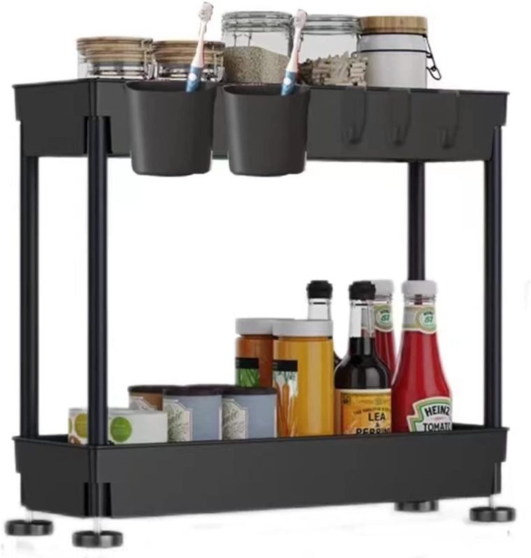 Photo 1 of  Under Sink Organizer and Storage, 2 Tier Under Bathroom Cabinet Storage Rack with 3 Hooks 2 Hanging Cups (Black)
