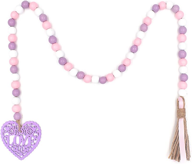 Photo 1 of  Valentine's Day Wood Bead Garland with Tassels, Hanging Wooden Purple Love Heart