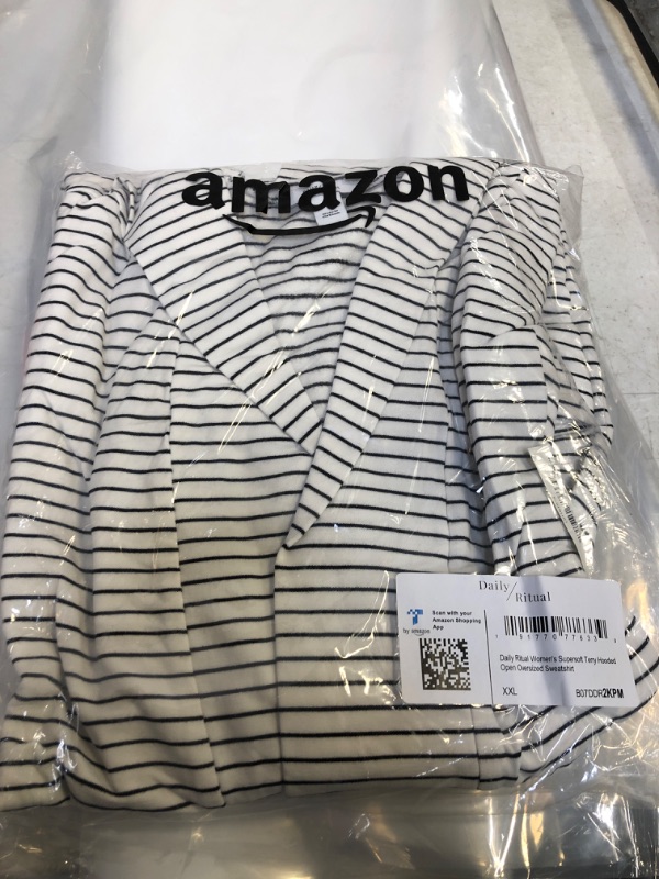 Photo 2 of Daily Ritual Women's Supersoft Terry Hooded Open Oversized Sweatshirt Rayon Blend White/Black, Stripe SIZE XX-Large