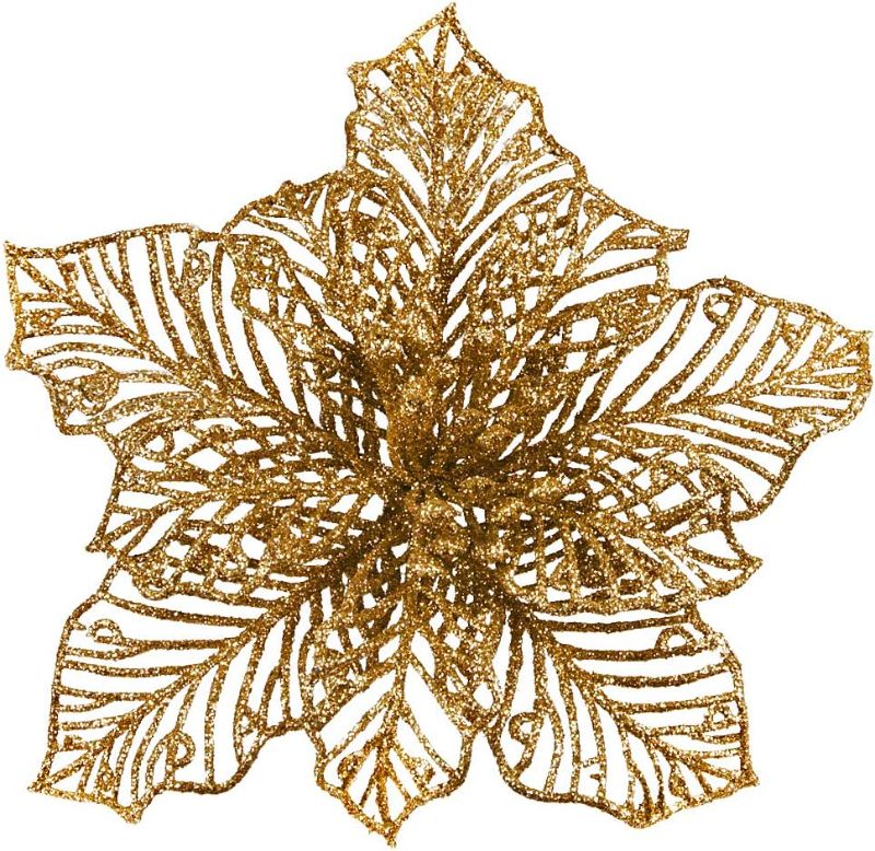 Photo 1 of 24 Pcs Christmas Gold Glitter Mesh Holly Leaf Artificial Poinsettia Flowers Stems Tree Ornaments 6.6" 
