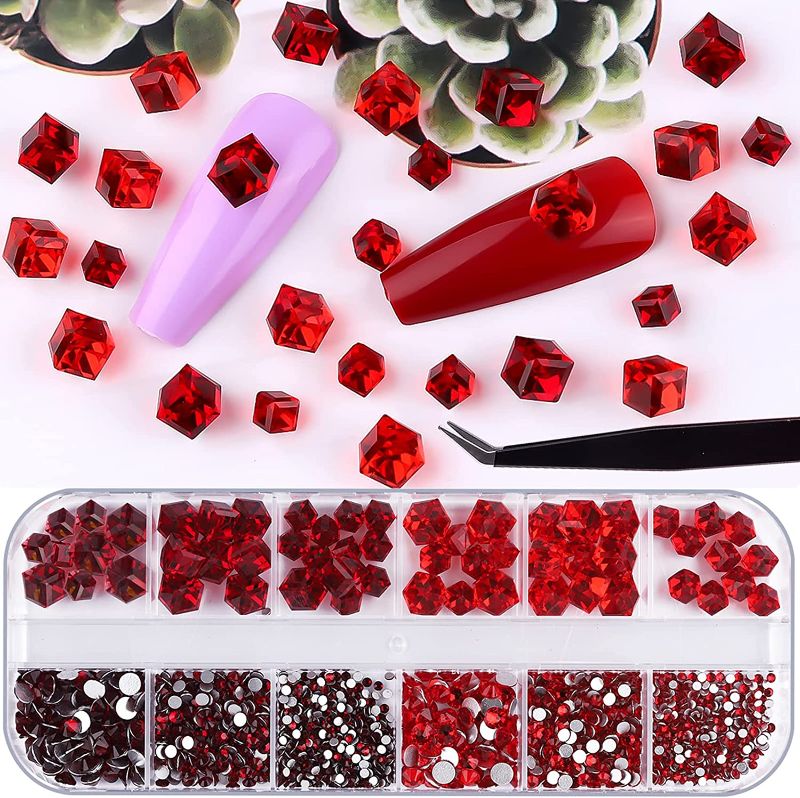 Photo 1 of  Red Rhinestones for Nails and Craft with SS2-SS12 Round Gems and 4mm 6mm 3D Gemstones with Tweezers, Mix 2 Colors
