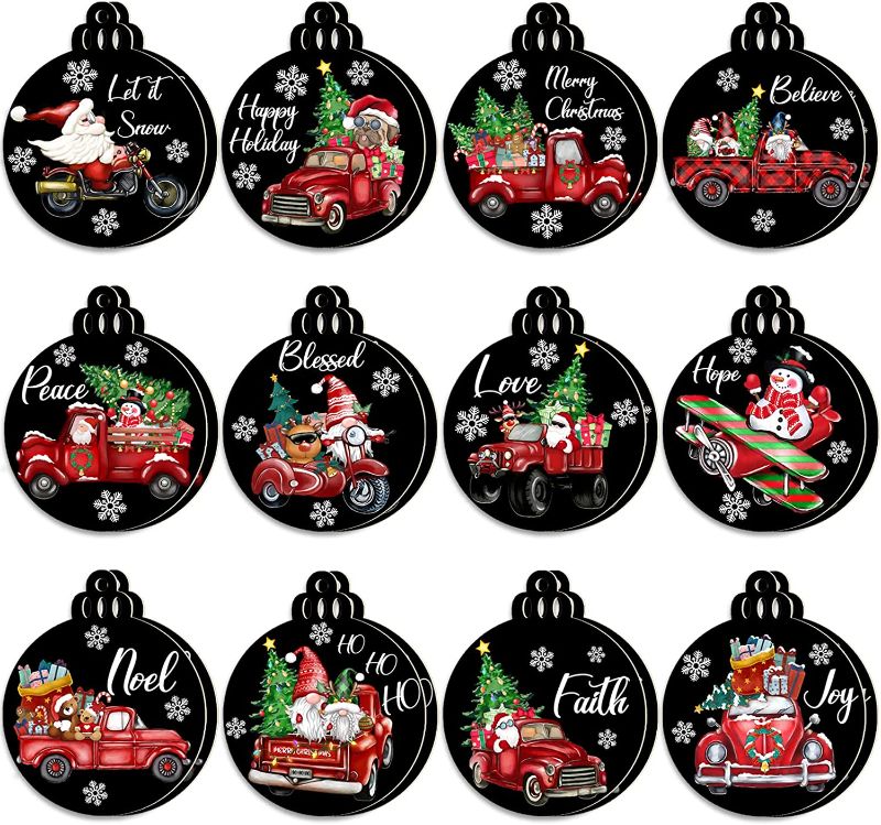 Photo 1 of  Christmas Red Truck Wooden Hanging Ornaments 24 PCS, Finishing Round Wood Hanging Gift Tags 3.5"