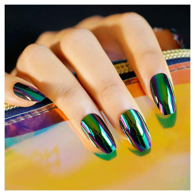 Photo 1 of  Fashion Glossy Fake Nails Mirror Reflection Bright False Nails Green   (24Pcs)
