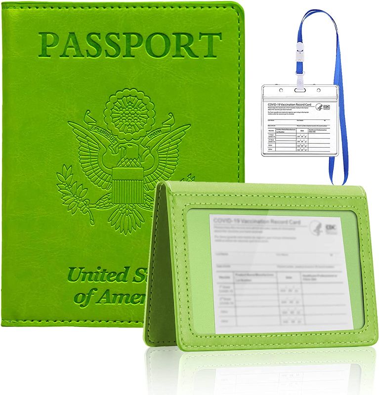 Photo 1 of  PU leather passport and vaccine card holder combo with Waterproof Vaccine Card Slot   (Green)
