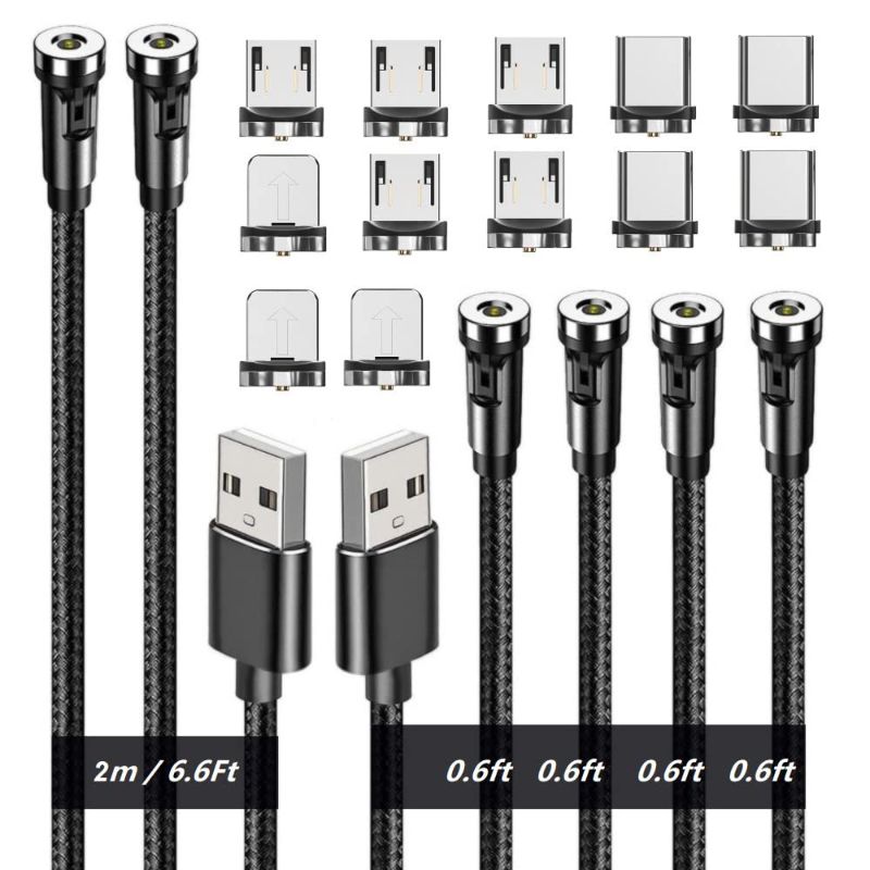 Photo 1 of  Magnetic Charging Cables, Magnetic Charging Tips 3in1 540° Rotation Cable Sets (0.6ft+6.6ft)/Black/3in1, 6pcs
