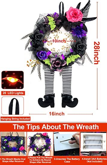 Photo 1 of 16 by 28 Inch Prelit Halloween Witch Leg Wreath for Front Door Decor, Purple Lights 20 LED Mesh Glitter Bat Berries Rose Feather Battery Operated Artificial Halloween Decoration Home Indoor Outdoor