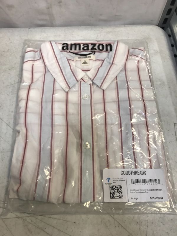 Photo 2 of Amazon Brand - Goodthreads Women's Oversized Lightweight Cotton Short-Sleeve Shirt X-Large Red/Pink/Blue, Stripe