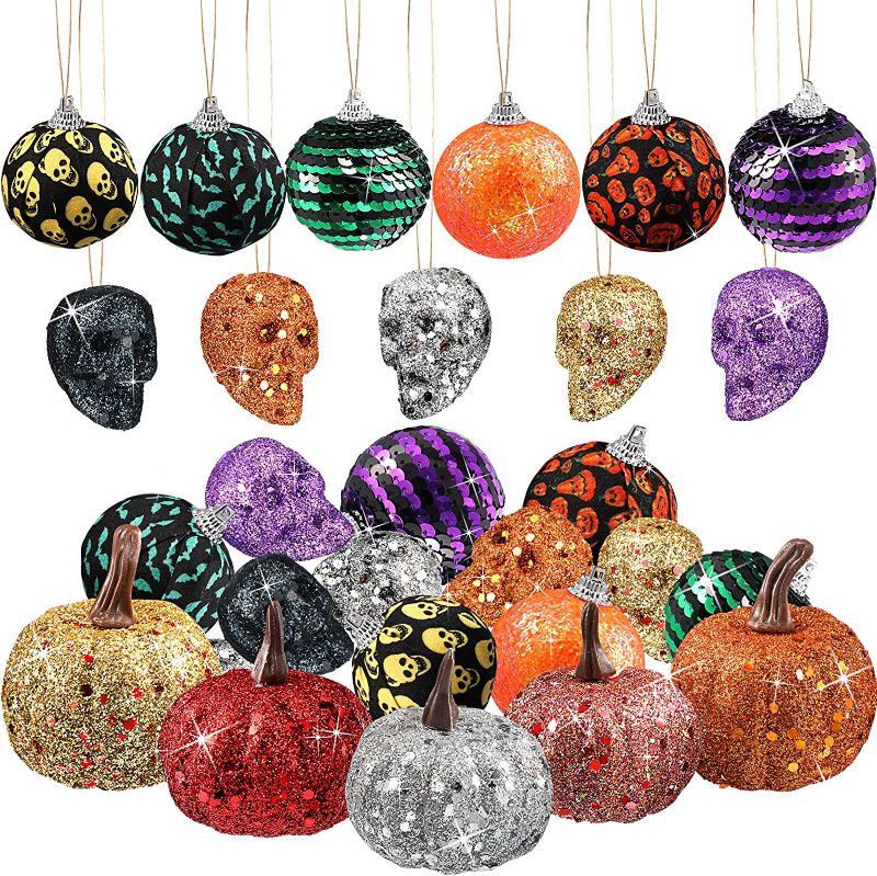 Photo 1 of 16 Pcs Halloween Ball Ornament Halloween Glitter Decorations Tree Ornament Shiny Skull Pumpkin Ornament for Halloween Party Xmas Tree Decor()
