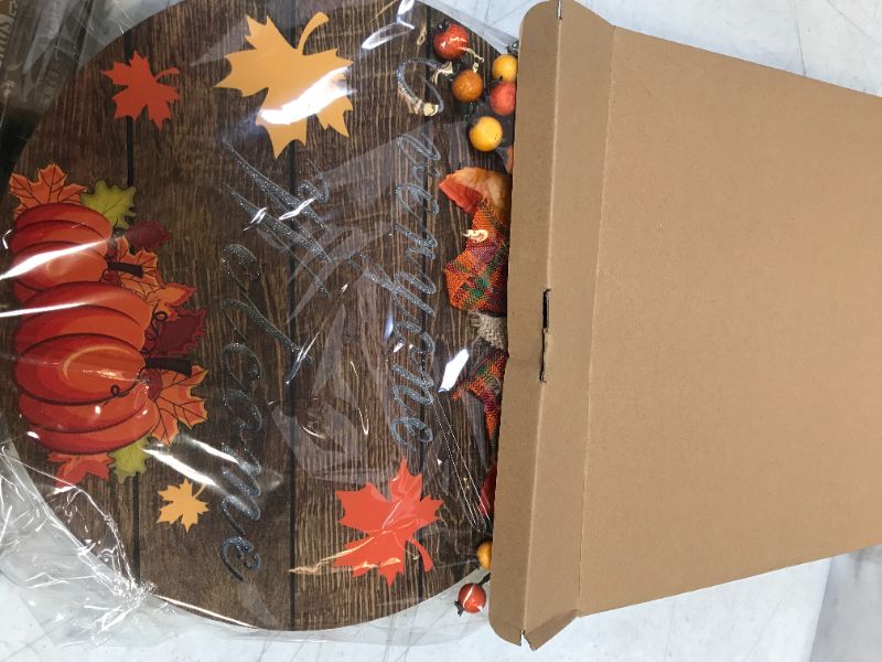 Photo 3 of [ Light Inside & Timer ] Prelit Everyone Welcome Sign Fall Thanksgiving Wreath Front Door Decoration Battery Operated Pumpkin Maple Leaf Berry Wood Hanging Sign Autumn Fall Decor Home Indoor Outdoor
