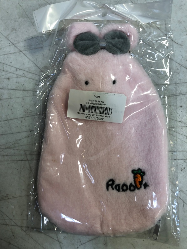 Photo 2 of 1 Liter Transparent Rubber Hot Water Bottle Soft Warm Water Bag with Plush Fleece Cover, Cute Rabbit Print Hand Feet Belly Warmer Pink